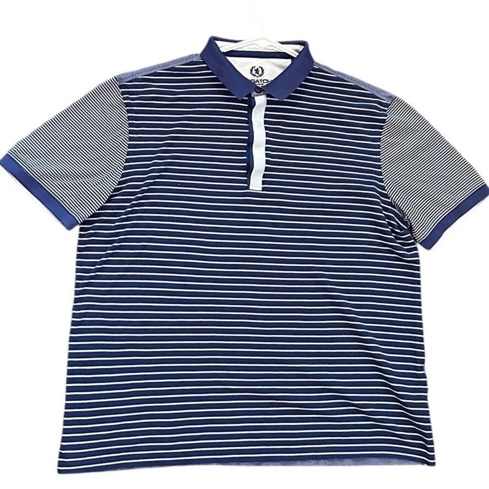 Bugatchi Uomo Mens Navy Blue White Stripe Short Sleeve Polo Shirt Size L‎